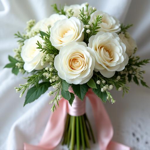 Un bouquet da sposa lussureggiante con rose bianche, peonie e delicate foglie verdi, legato con un nastro di seta.