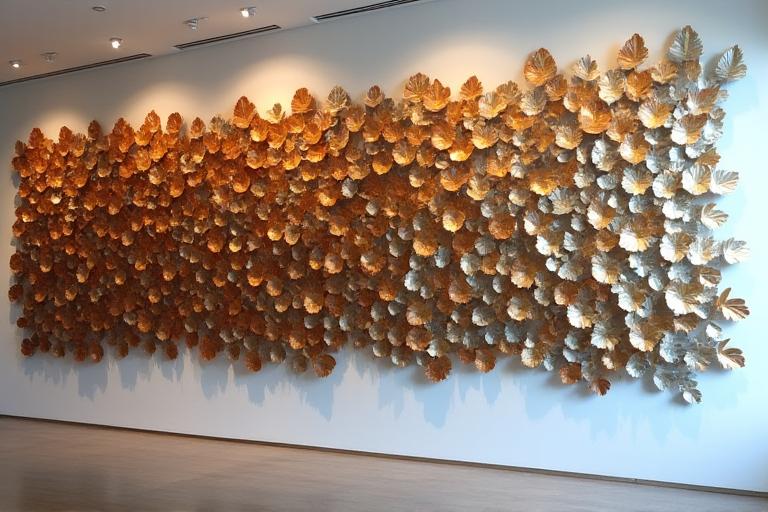 Un'ampia installazione artistica a parete composta da centinaia di foglie metalliche di diverse tonalità e dimensioni, organizzate in un pattern organico.