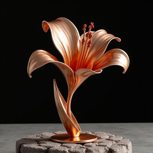 Un giglio stilizzato scolpito in rame lucido.